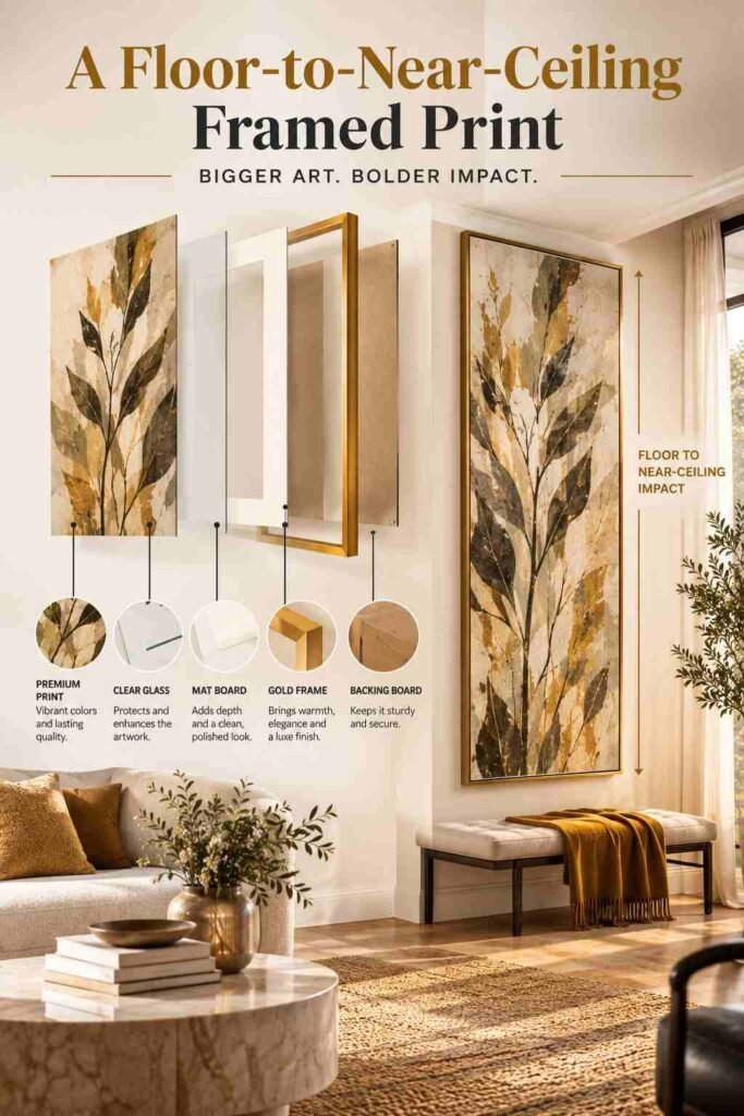 Luxury Wall Art Living Room Ideas to Transform Your Space in 2026 6 Floor-to-near-ceiling framed botanical print displayed as a statement wall art piece in a warm neutral living room.