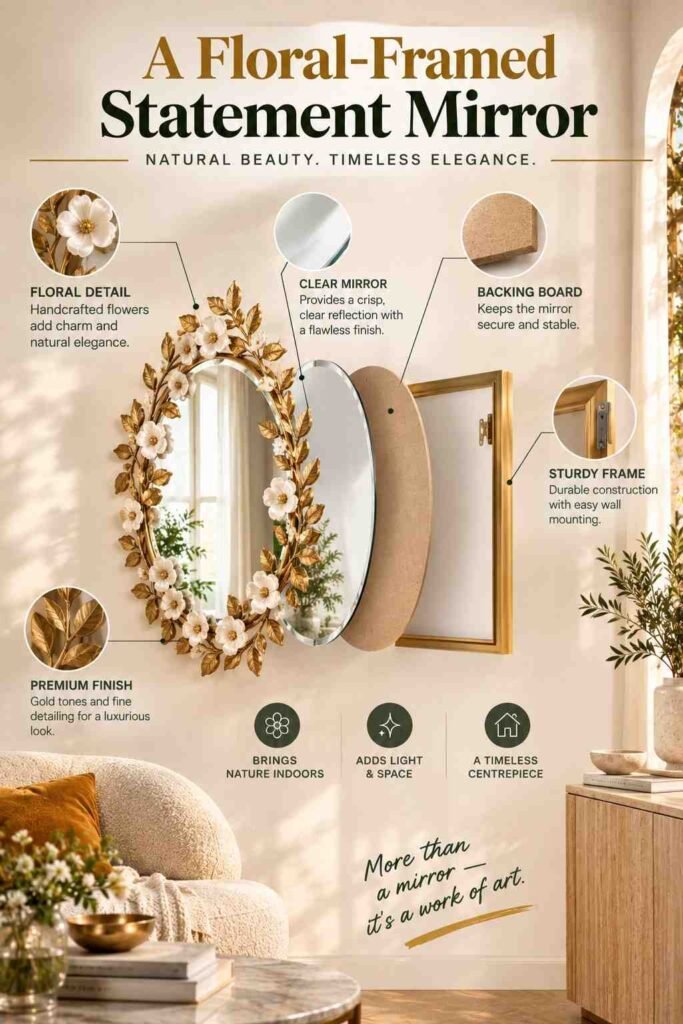 Luxury Wall Art Living Room Ideas to Transform Your Space in 2026 10 Floral-framed statement mirror with gold botanical details in an elegant warm neutral living room