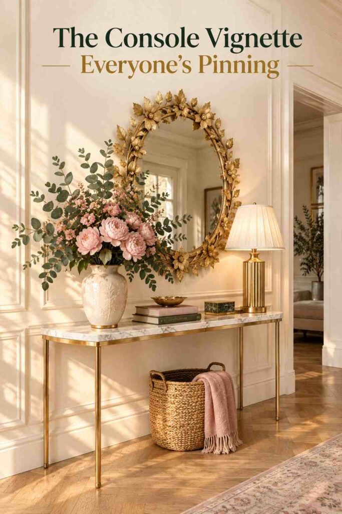 Luxury Floral Wall Mirror Ideas to Transform Your Home in 2026 5 Angled view of a floral wall mirror, marble console, and ivory paneled entryway wall.