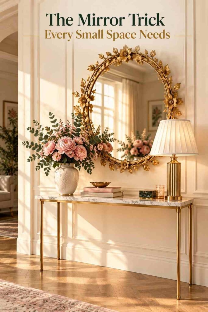 Luxury Floral Wall Mirror Ideas to Transform Your Home in 2026 9 Floral wall mirror reflecting natural window light in a gold and ivory entryway.