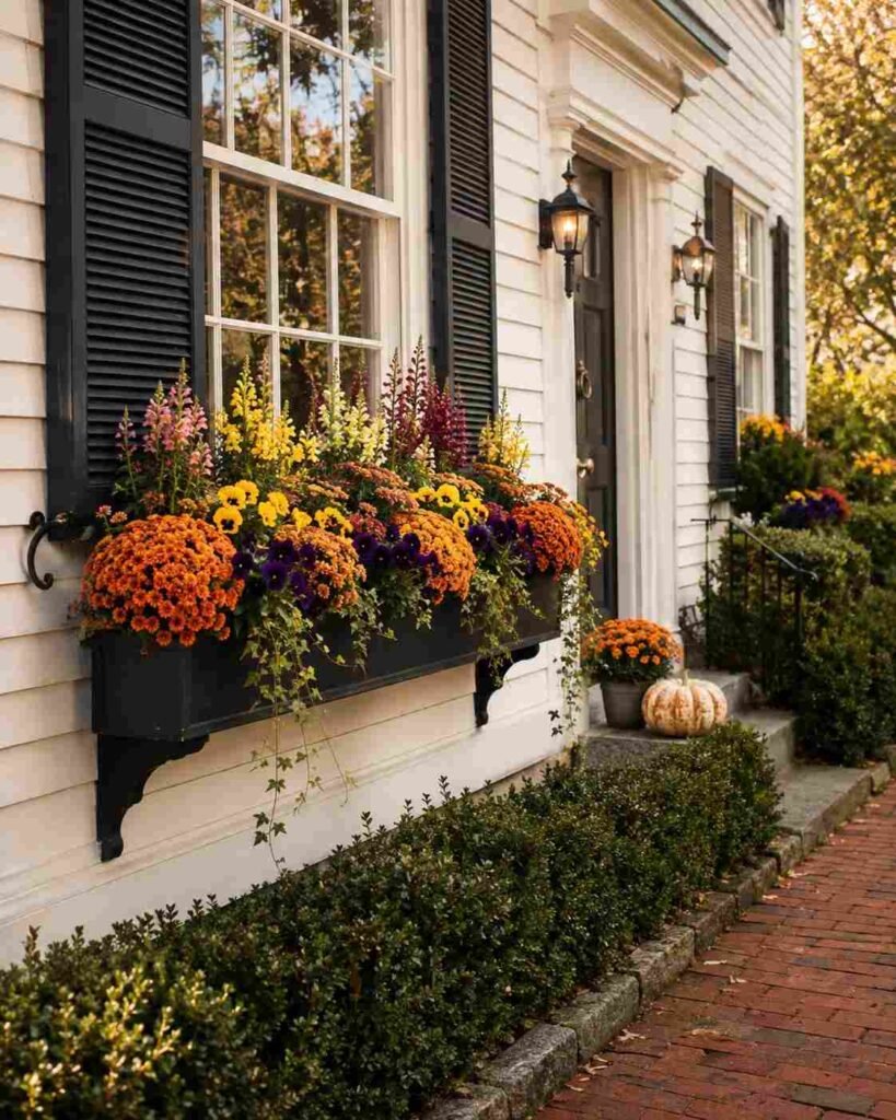 Fall Window Box Ideas to Turn Your Porch Into an Autumn Showstopper 8 Blooming mixed flower fall window box on a colonial-style home.