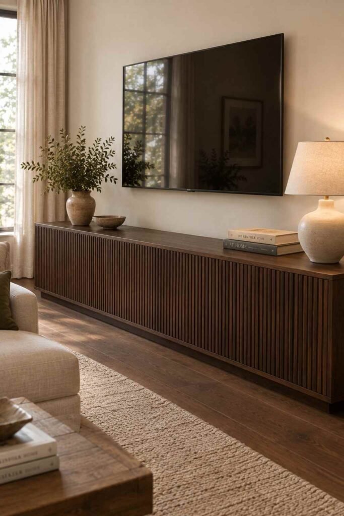 26 Dark Wood Living Room Design Ideas for Walls, Floors & Furniture 12 Fluted dark wood media console against a warm white living room wall