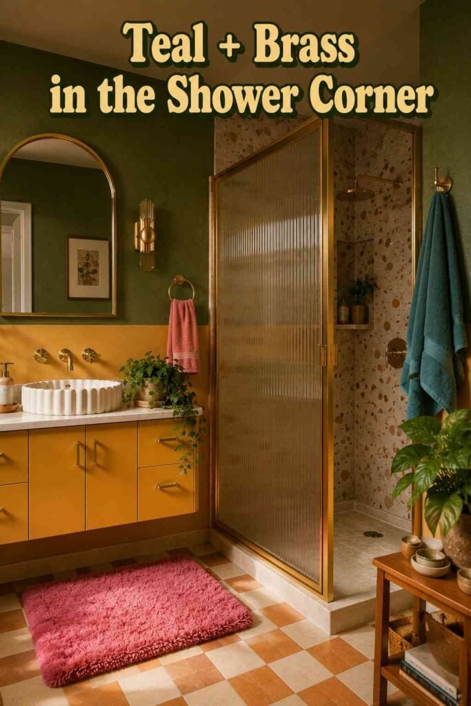Small Funky Bathroom Ideas to Transform Your Tiny Space in 2026 3 Fluted glass shower partition with a brass frame and a folded teal towel on a brass hook.