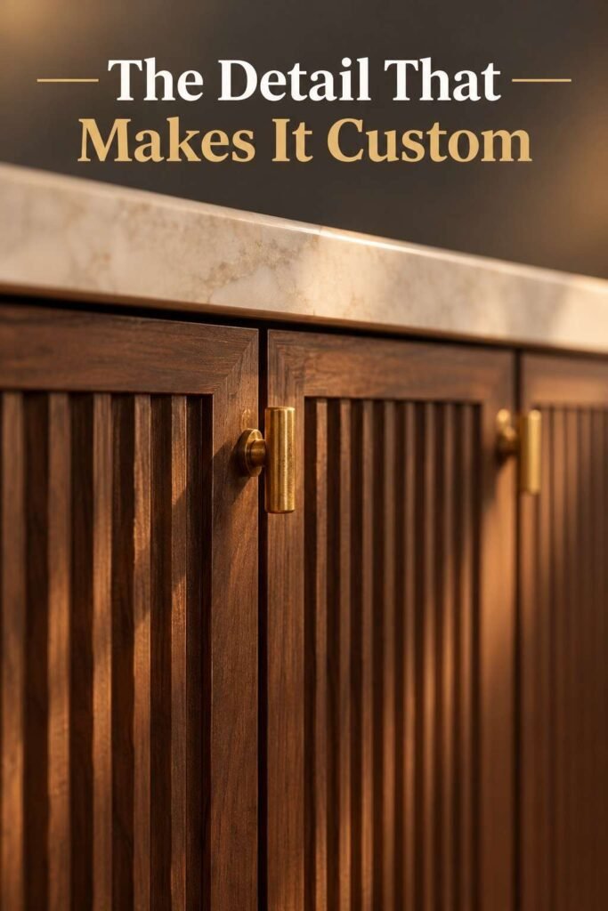 Dining Room Bar Ideas to Make Every Dinner Feel Like a Party 8 Close-up of fluted walnut cabinet doors with a slim brass pull, light and shadow running down each groove.