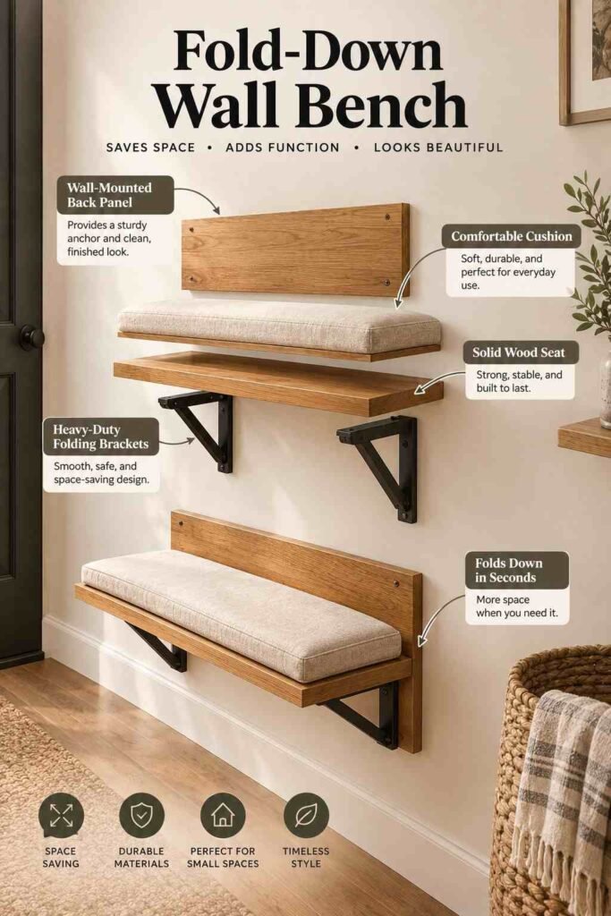 Entryway Bench Ideas to Make Every Homecoming Feel Welcome 7 Exploded-view fold-down wall bench showing the oak back panel, cushioned seat, folding brackets, and space-saving wall-mounted design.