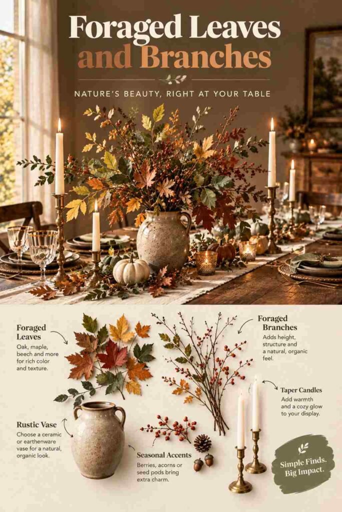 Rustic Thanksgiving table decorated with foraged autumn leaves, berry-filled branches, dried florals, taper candles, and a ceramic vase, with an exploded-view guide to natural table decor elements.