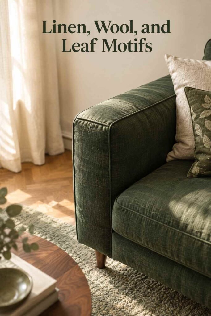 Close-up of a forest green linen sofa arm above a sage wool rug, with a cream curtain fold catching daylight.