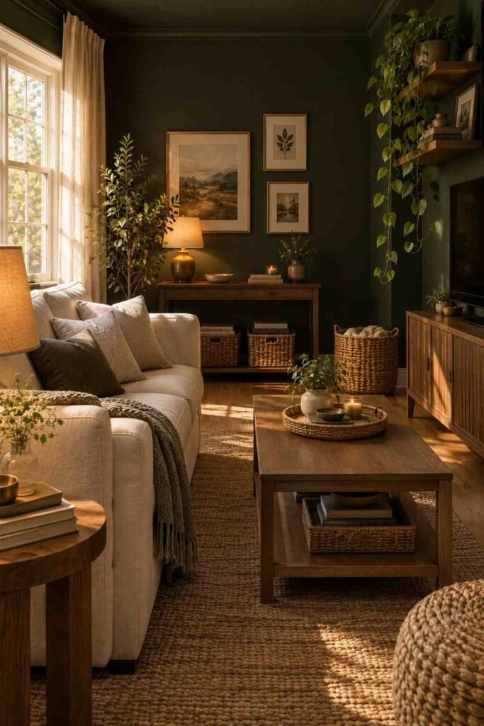 Forest green living room walls with jute rug, woven baskets, and trailing pothos.