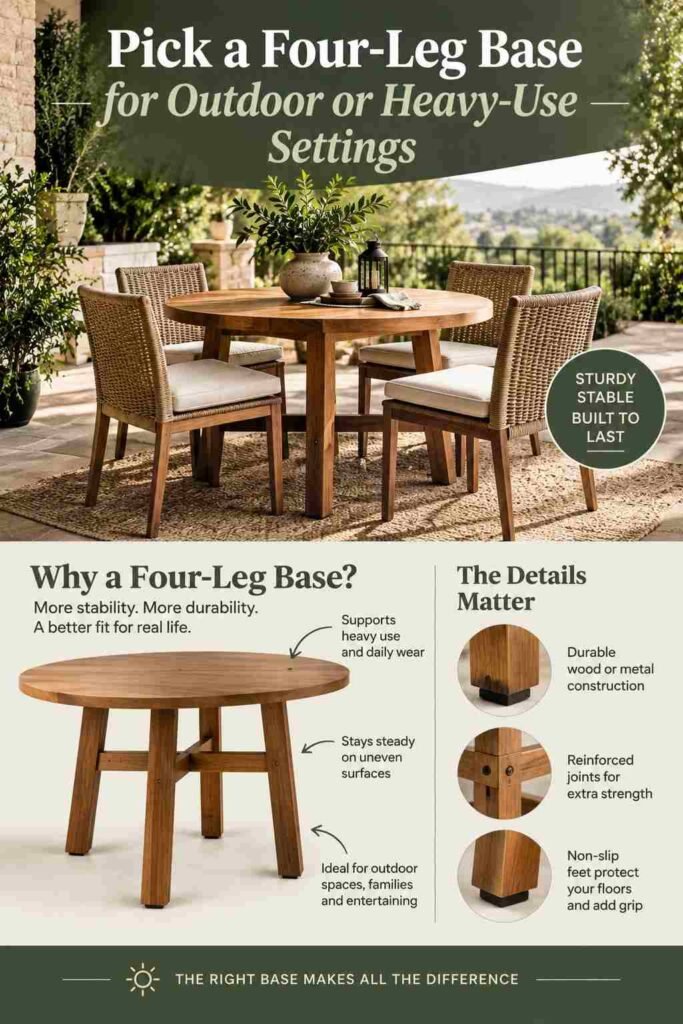 Round Dining Table Ideas to Transform Your Dining Space in 2026 4 Four-leg dining table base for outdoor and heavy-use settings, showing a sturdy table with reinforced joints and stable legs.