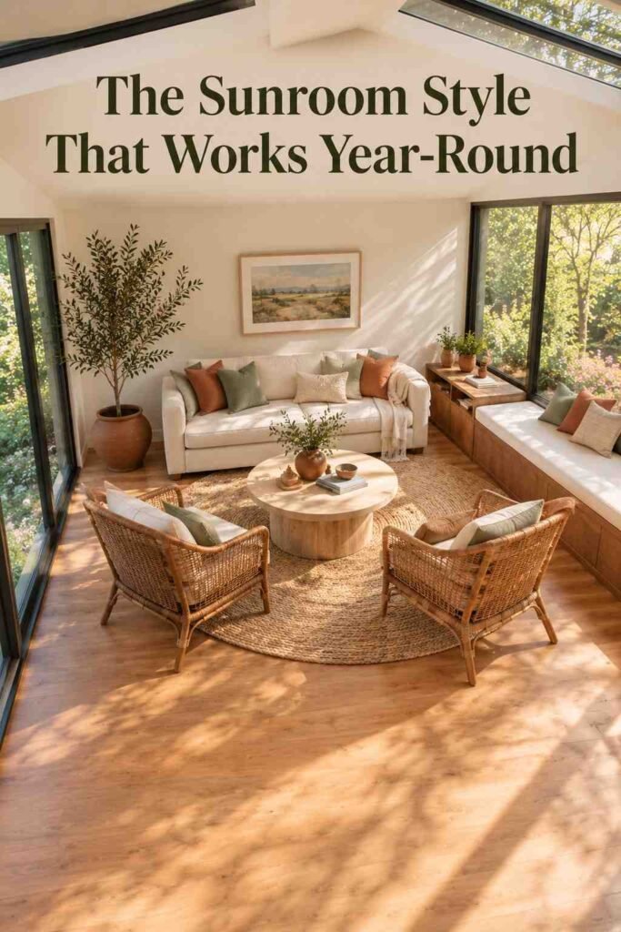 Elevated view of a square sunroom with insulated glass walls and warm wood flooring catching natural light.