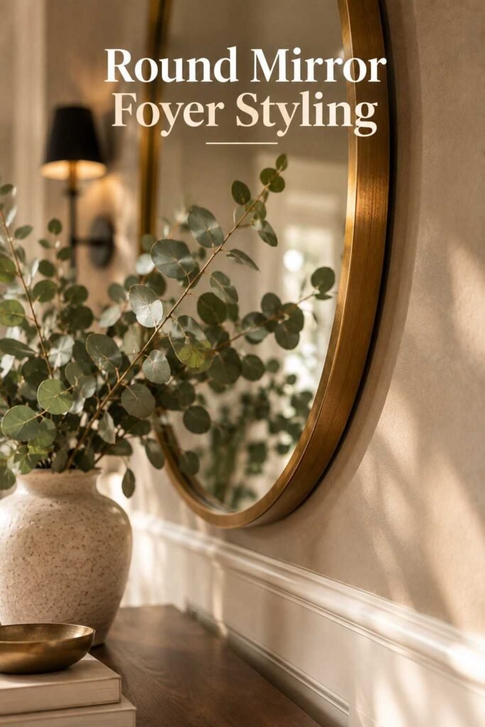 Close-up of round brass-framed mirror and eucalyptus stems on a console table.