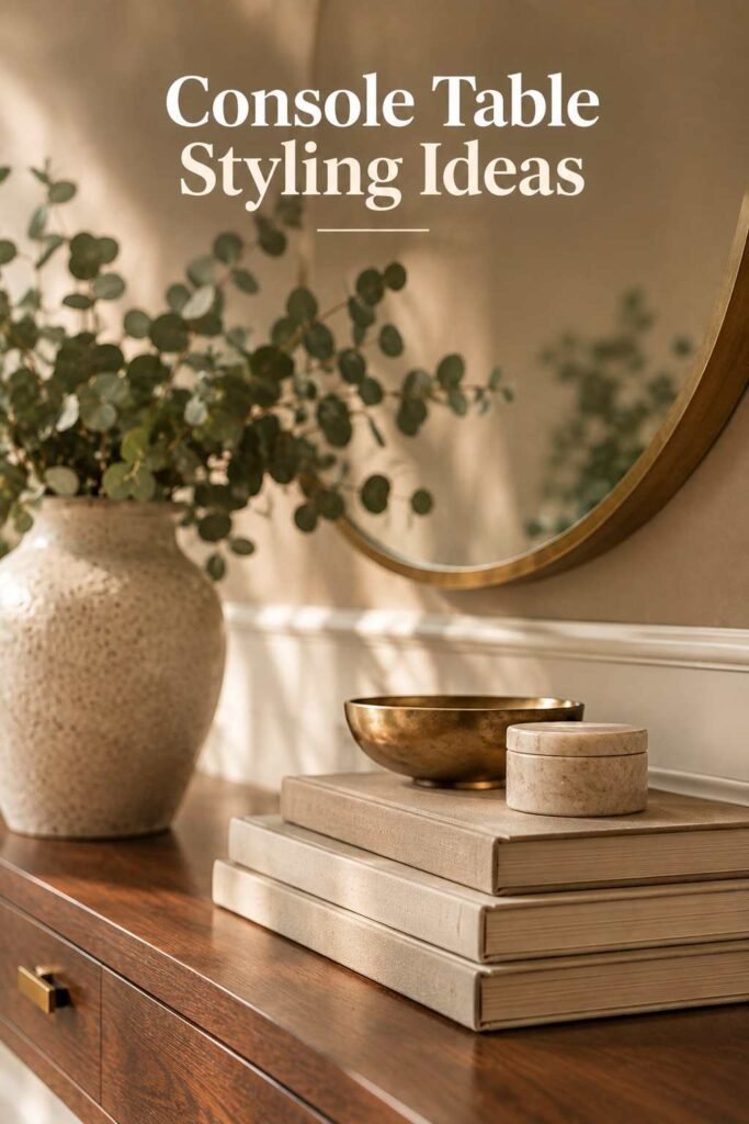 Stack of books and small decorative objects styled on a console table.