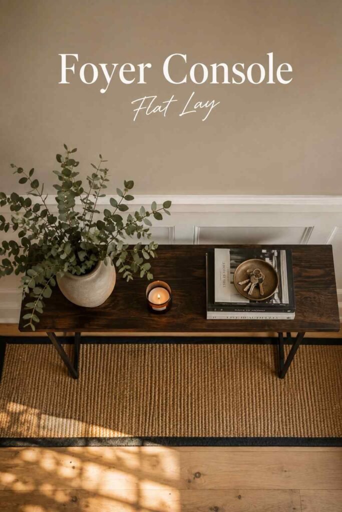Overhead flat-lay view of console table styling with vase, books, and dish.