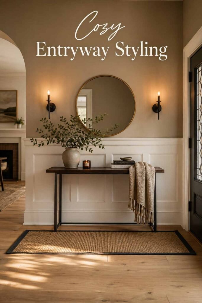 Console table styled with a knit throw and lit candle under warm sconce light.