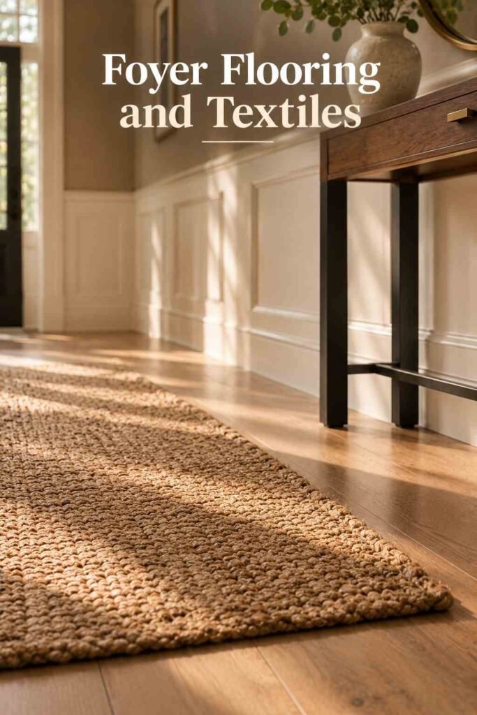 Woven jute runner on white oak flooring near console table legs.