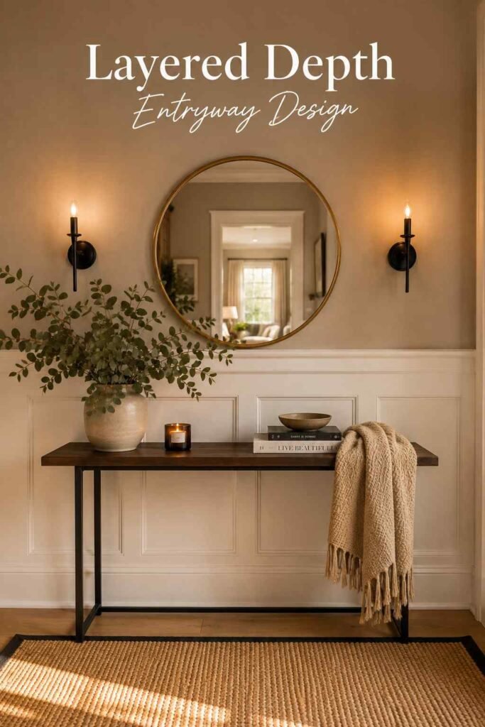 Round mirror reflecting the doorway and light source within a foyer wall composition.