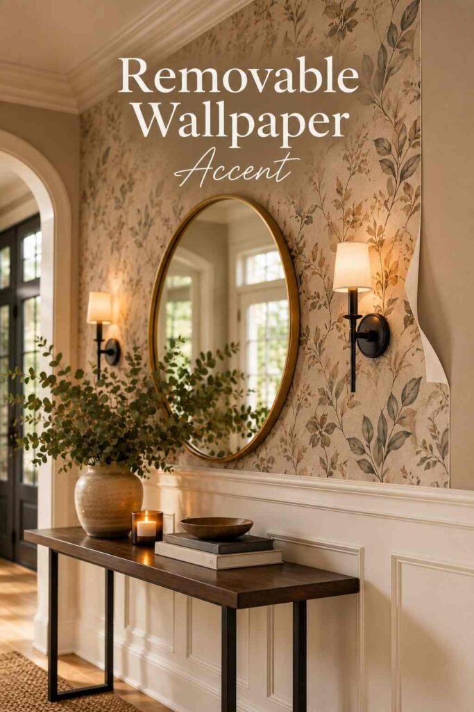 Removable peel-and-stick botanical wallpaper panel above a foyer chair rail.