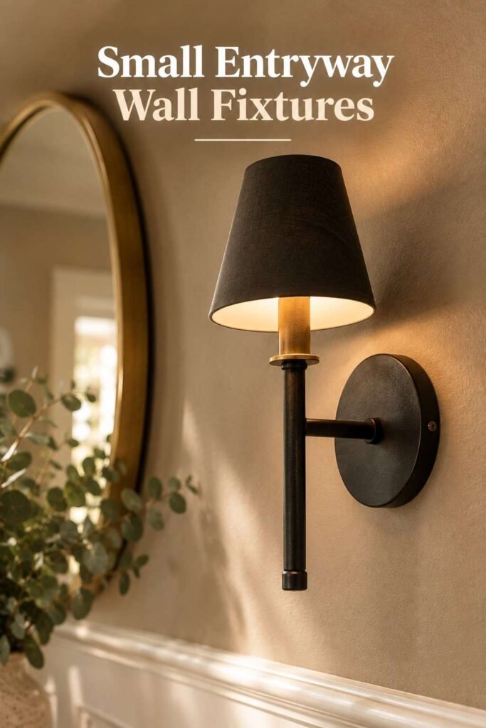 Close-up of black iron sconce hardware mounted on taupe painted wall.