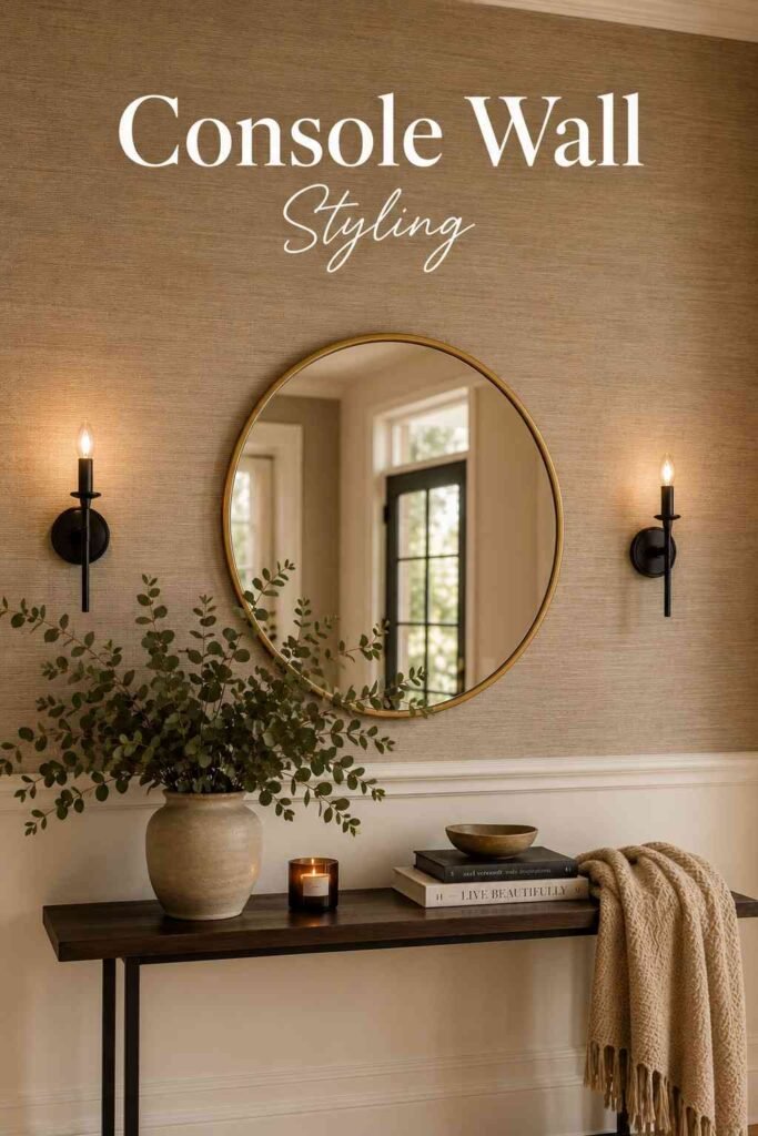 Grasscloth-textured wallpaper on a foyer wall behind a console table and mirror.
