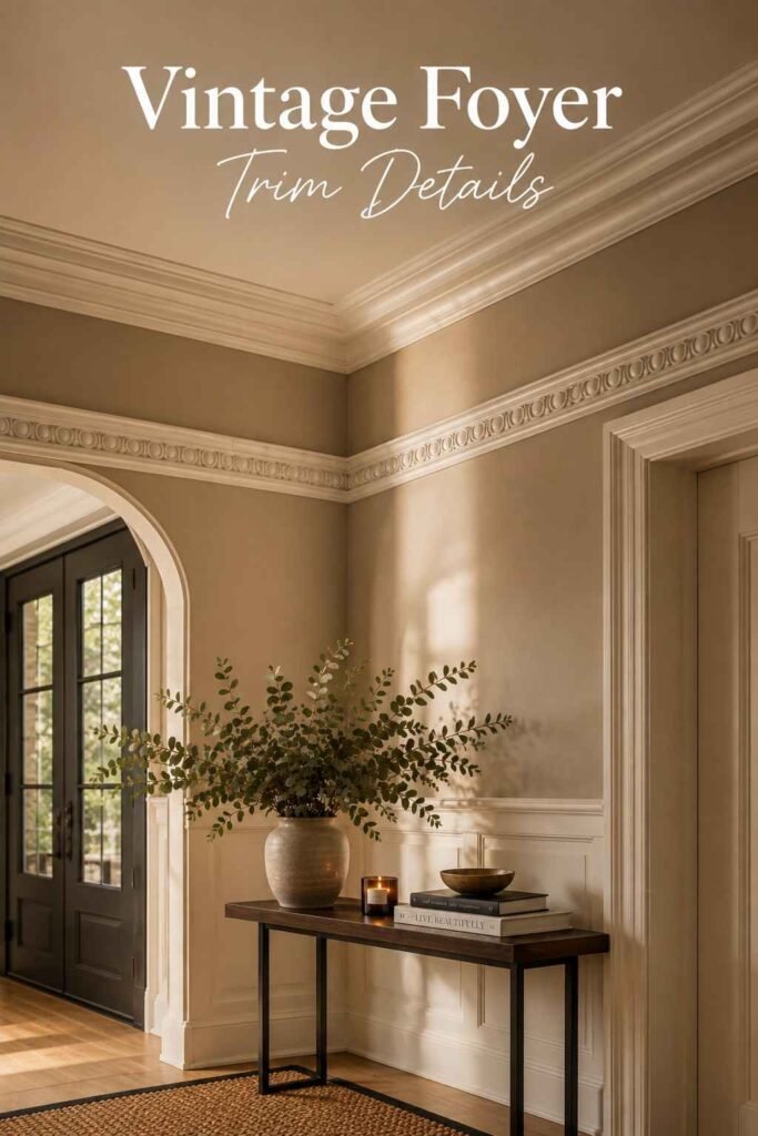 Ornate crown molding and picture-rail trim detail on a foyer upper wall.