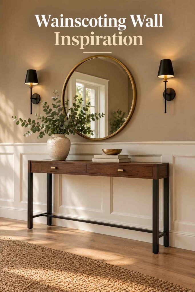 Close view of wainscoted wall panel detail behind a walnut console table.