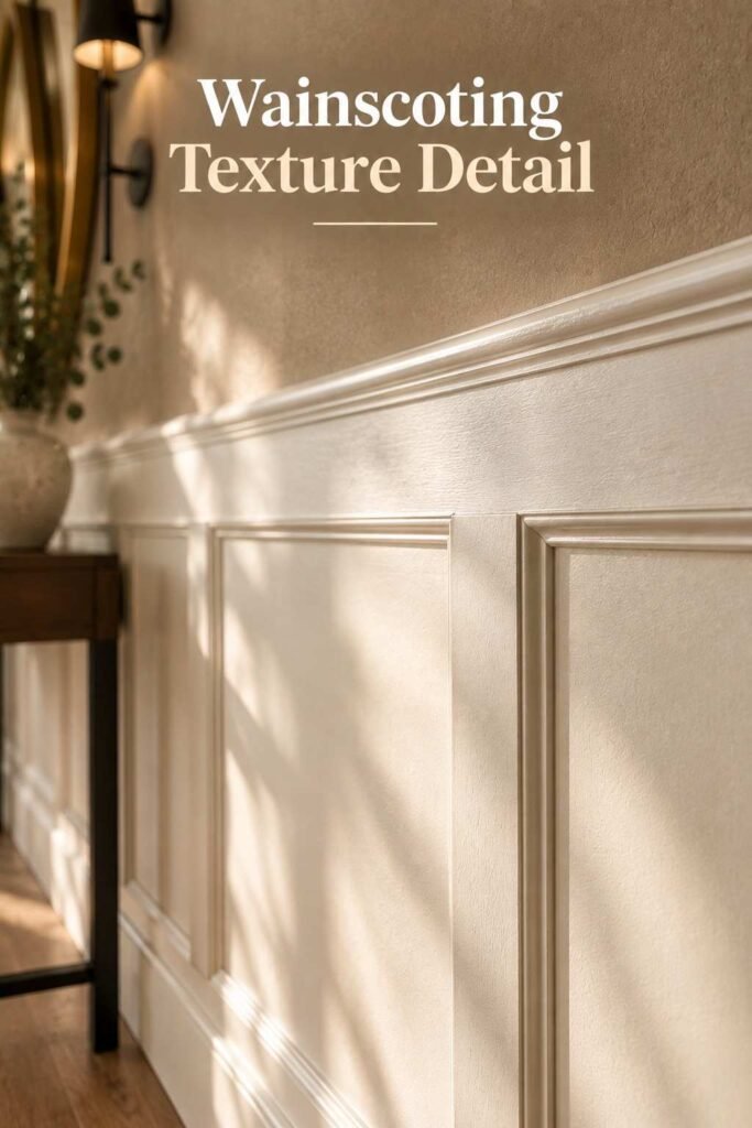 Close-up texture of white painted wainscoting panel joints under raking light.
