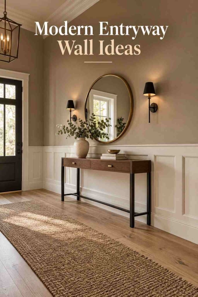 Foyer corner view showing tall ceilings and wainscoted wall with sconce lighting.
