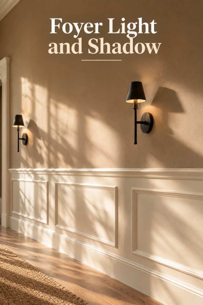 Soft natural light casting shadows across a taupe and warm white foyer wall.