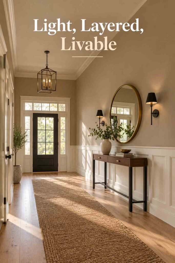 Foyer viewed from across the room with natural light illuminating the wall and mirror.