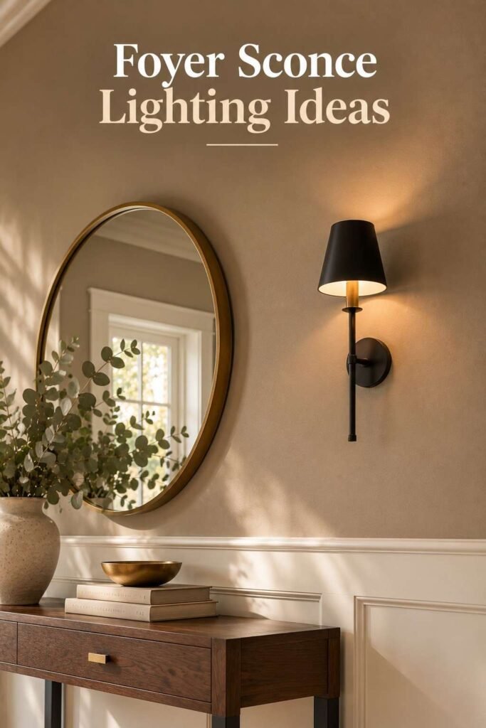 Black iron wall sconce mounted on taupe upper wall casting warm light.