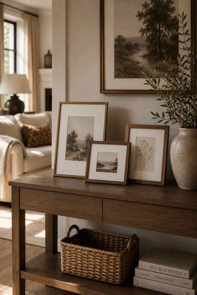 Framed photo cluster idea for cozy console table styling