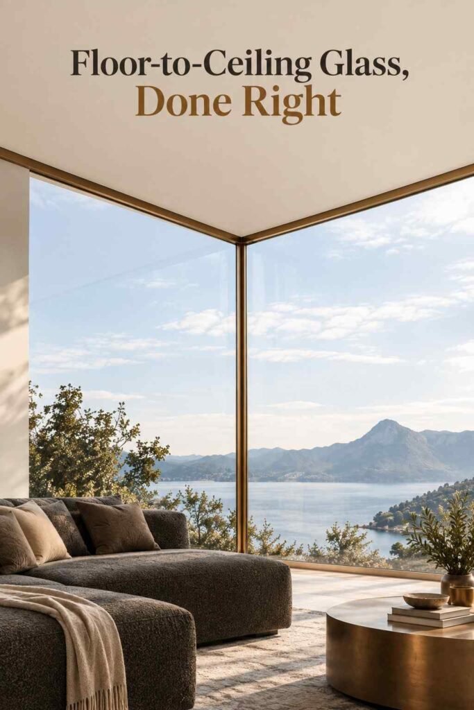 Luxury Corner Glass Wall Ideas to Transform Modern Home Design 3 Low-angle view of a floor-to-ceiling glass corner wall with bronze framing meeting the ceiling.