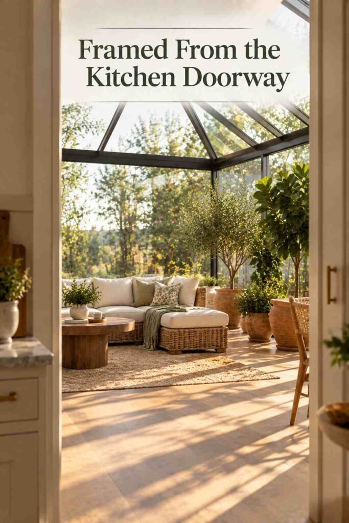 View through a kitchen doorway toward a frameless glass corner in a sunlit solarium.