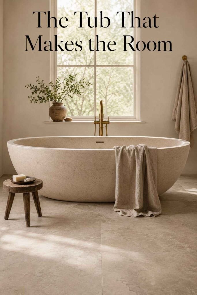 Freestanding stone soaking tub beneath a window with a linen towel draped over the edge in soft morning light.
