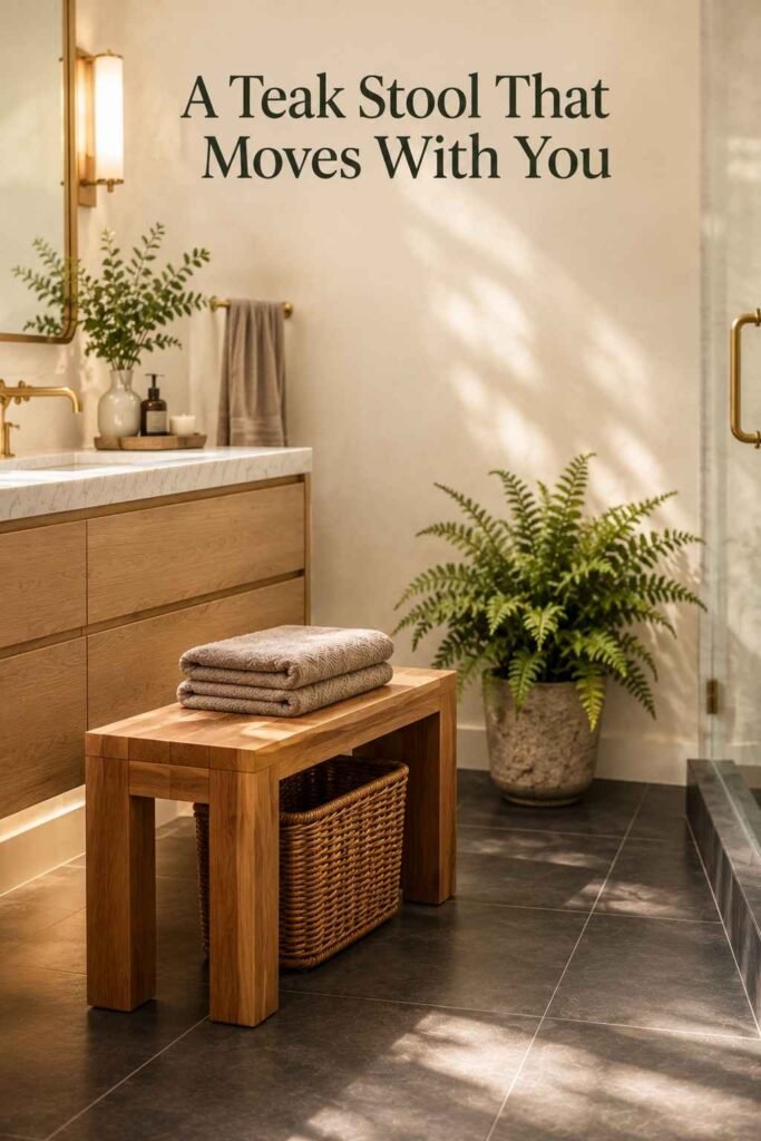 Freestanding solid teak stool bench beside a blonde-wood bathroom vanity with a folded taupe towel on top.
