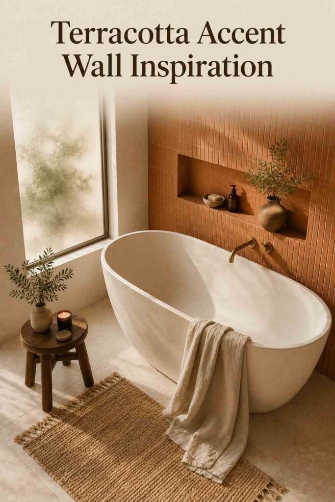 Freestanding tub beside a terracotta tile accent wall with a walnut stool and linen towel.