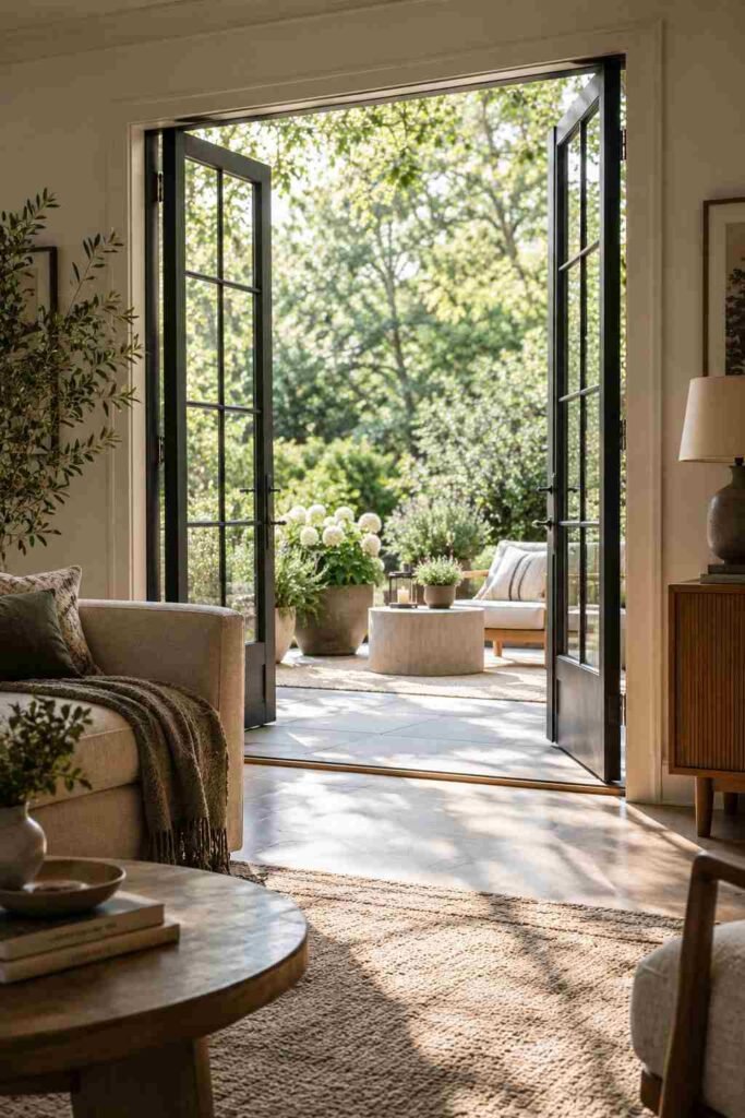 25 Dark Living Room Ideas to Brighten Your Home Without a Renovation 18 Open French doors connecting a dark living room to an outdoor patio