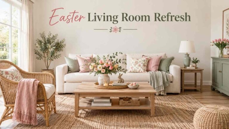 Light living room with cream sofa, rattan chair, and pastel floral centerpiece styled for Easter and spring.