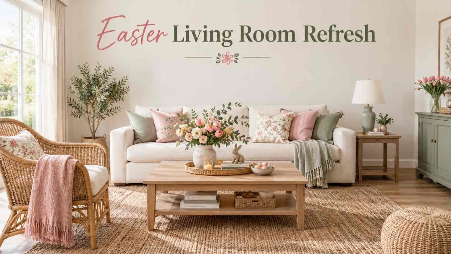 Light living room with cream sofa, rattan chair, and pastel floral centerpiece styled for Easter and spring.