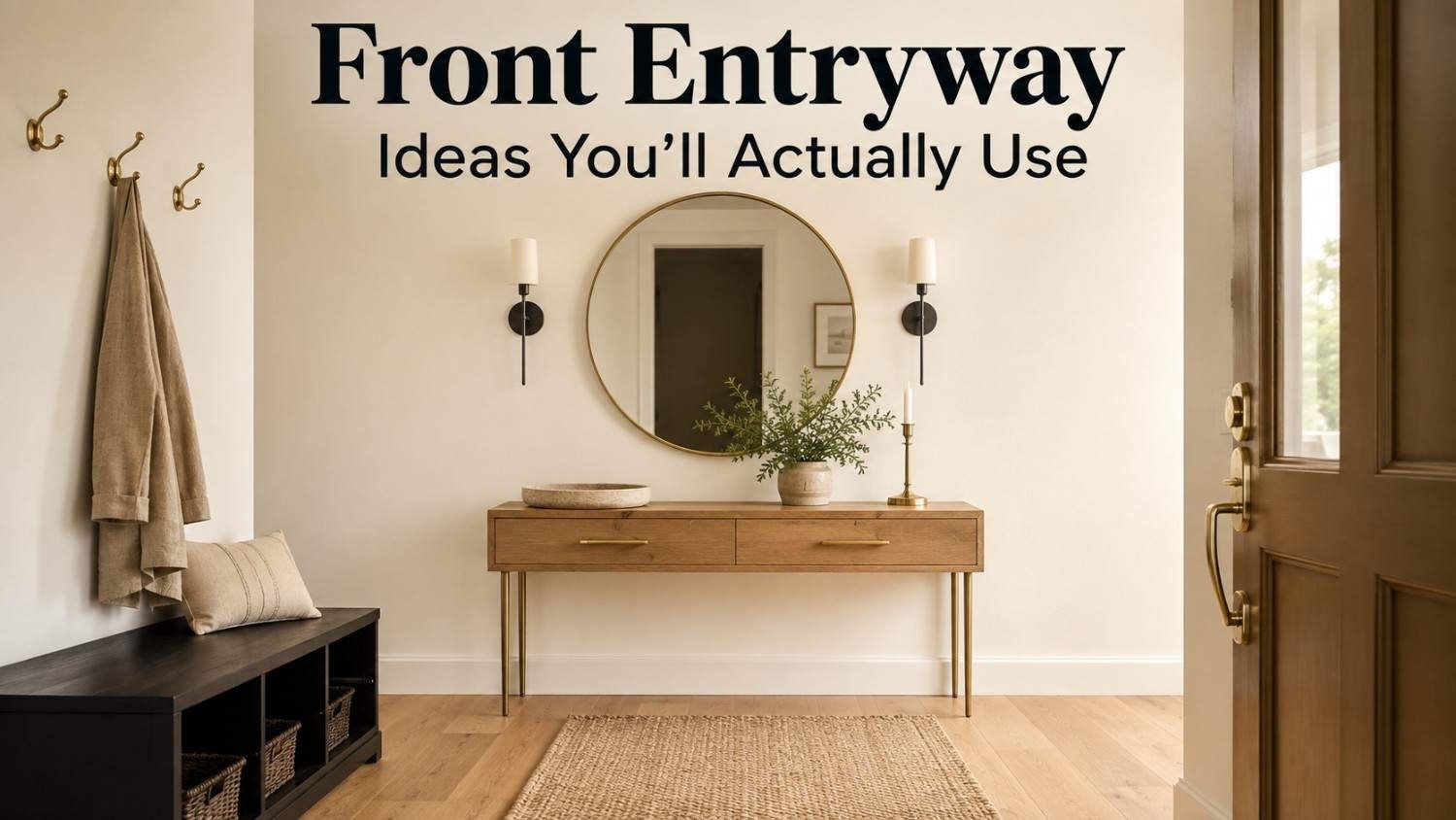 Front entryway with a wood console table, round brass mirror, brass sconces, and a charcoal storage bench beneath wall hooks.