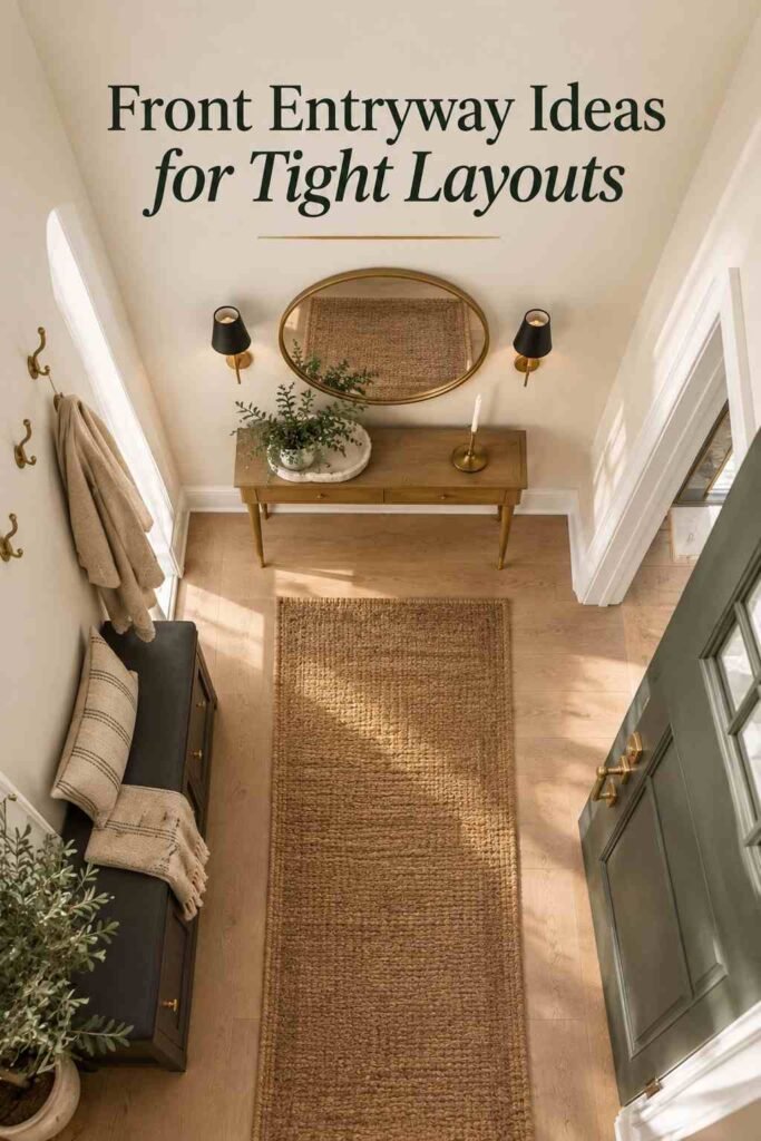 Overhead view of a front entryway floor plan showing a runner rug, bench footprint, and console shadow.