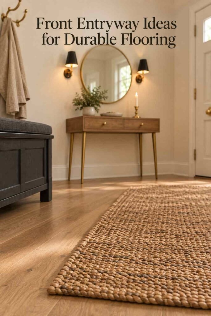 Close-up of a jute-blend runner rug texture against white oak flooring in a front entryway.