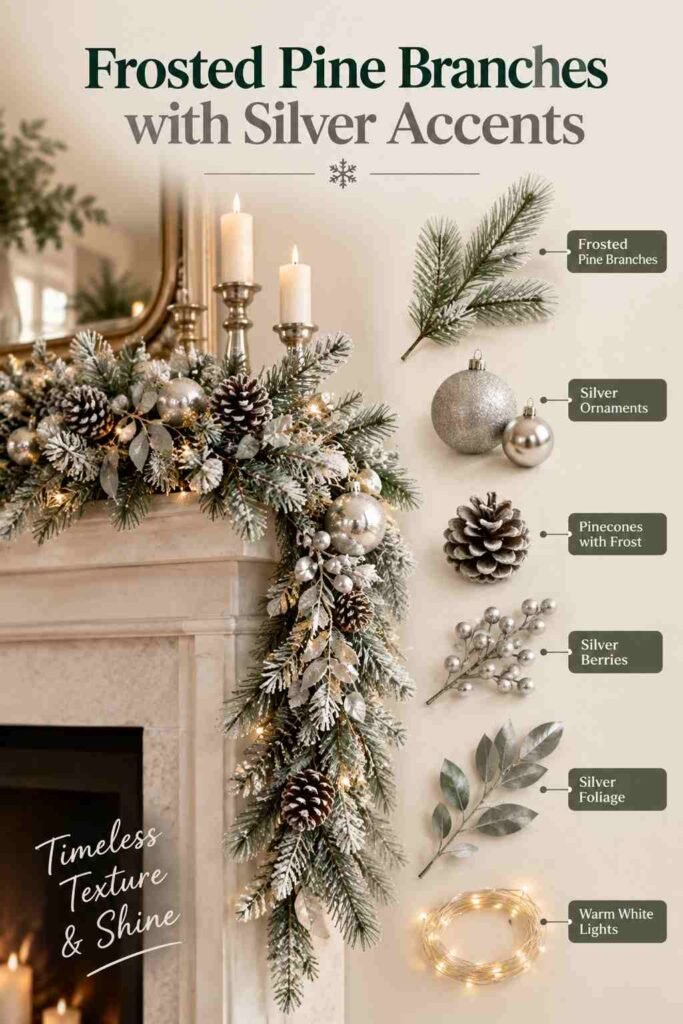 Frosted pine branches with silver ornaments, frosted pinecones, silver berries, and warm lights decorating a Christmas mantel.