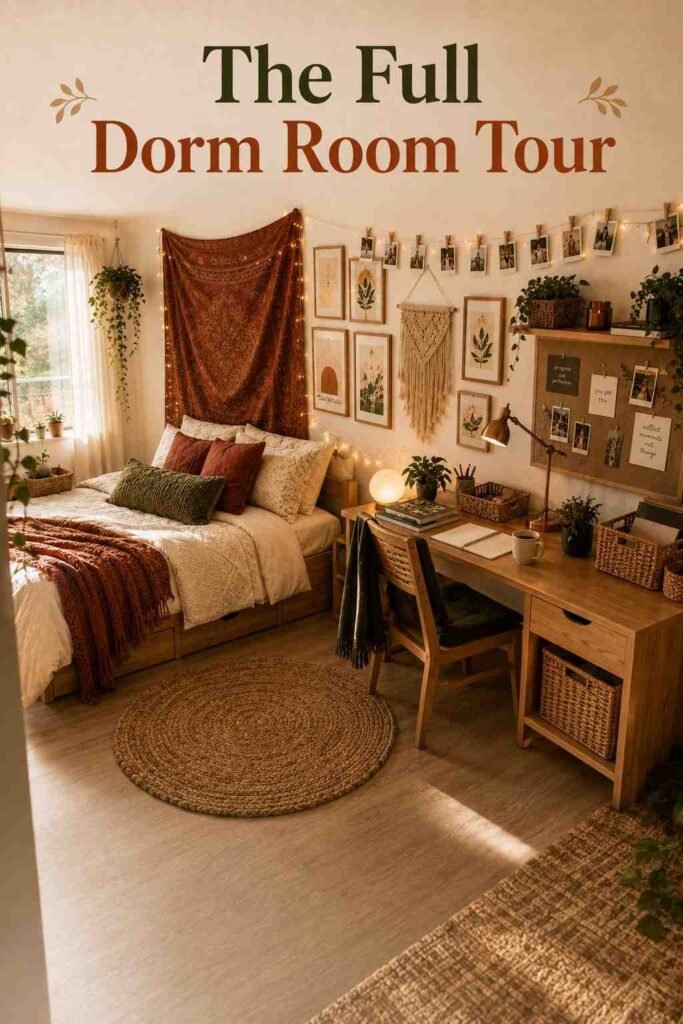 Wide view of a boho college dorm room showing the bed, desk, and decorated accent wall together.
