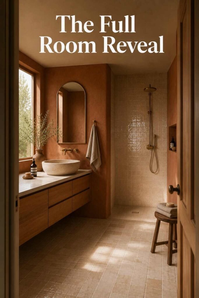 Aesthetic Bathroom Inspo Ideas to Transform Your Space in 2026 7 Full doorway view of a warm-minimalist bathroom with oak vanity, arched mirror, and curbless shower.