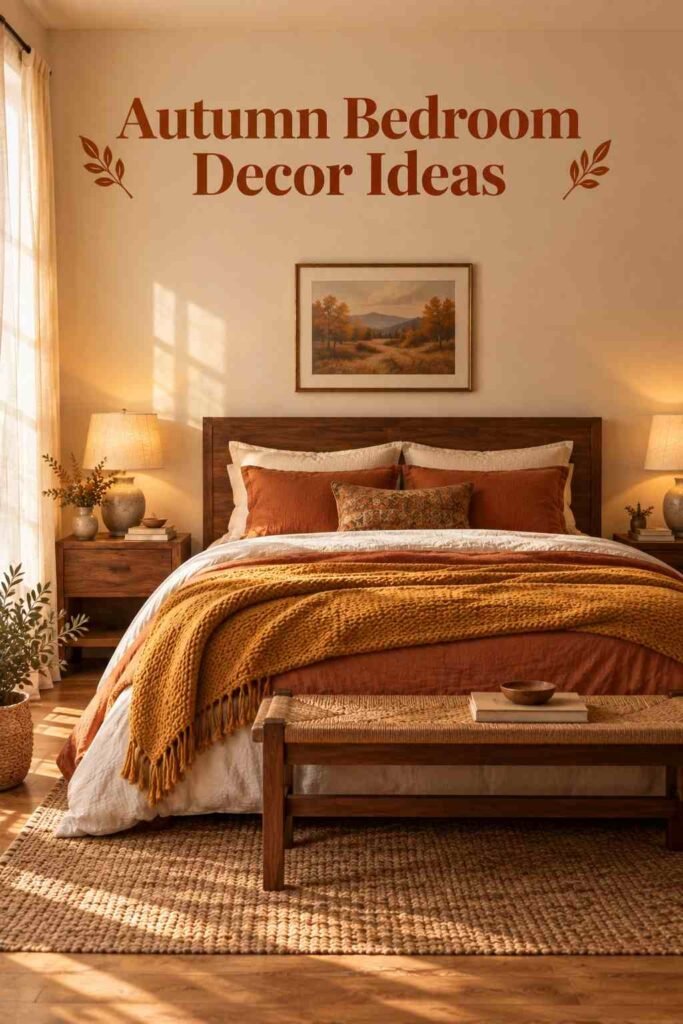 Full bedroom view from the foot of the bed showing walnut headboard, framed print, and layered bedding.
