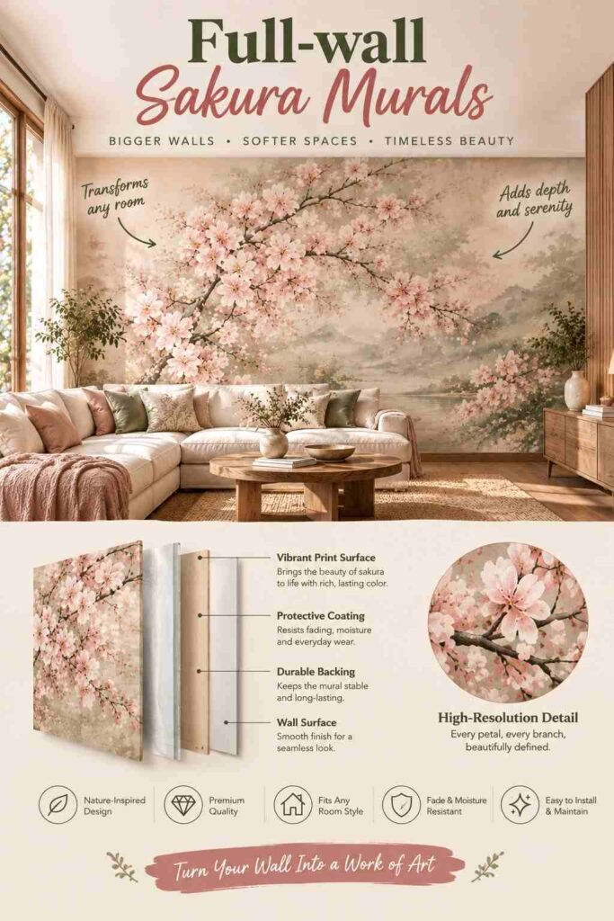 Full-wall sakura mural featuring pink cherry blossoms in a warm, elegant living room.