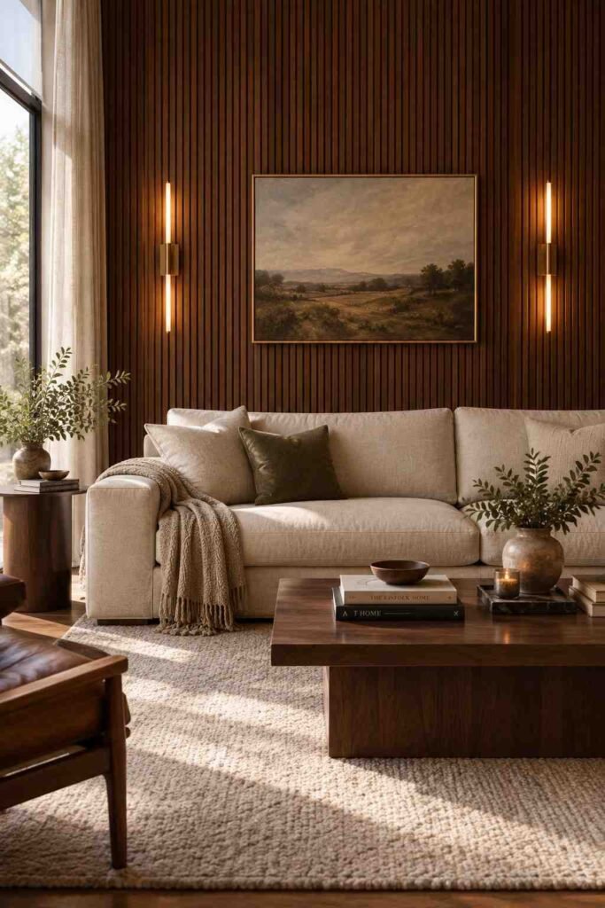 26 Dark Wood Living Room Design Ideas for Walls, Floors & Furniture 3 Living room with full walnut wall paneling, pale sofa, and wall sconces