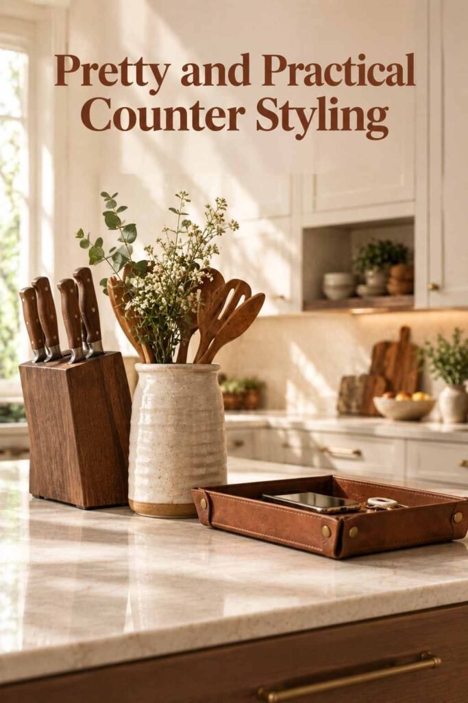 Kitchen Counter Decor Ideas to Transform Your Kitchen in 2026 9 Walnut knife block, ceramic utensil holder, and leather charging tray styled together on a kitchen counter.