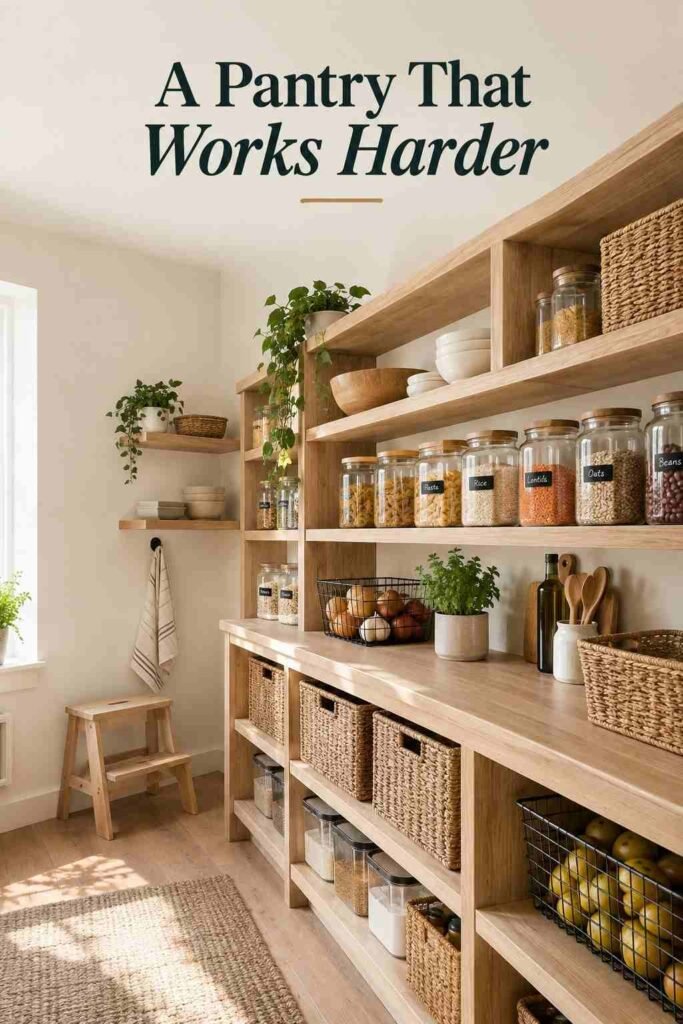 16 Smart DIY Organization Tips to Transform Every Room in Your Home 3 Angled view of pantry shelving with a small wooden step stool.